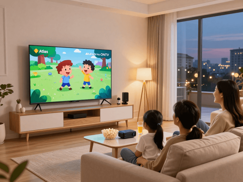 Regardez Atlas Pro ONTV en famille sur un grand téléviseur intelligent pendant une soirée cinéma cosy.