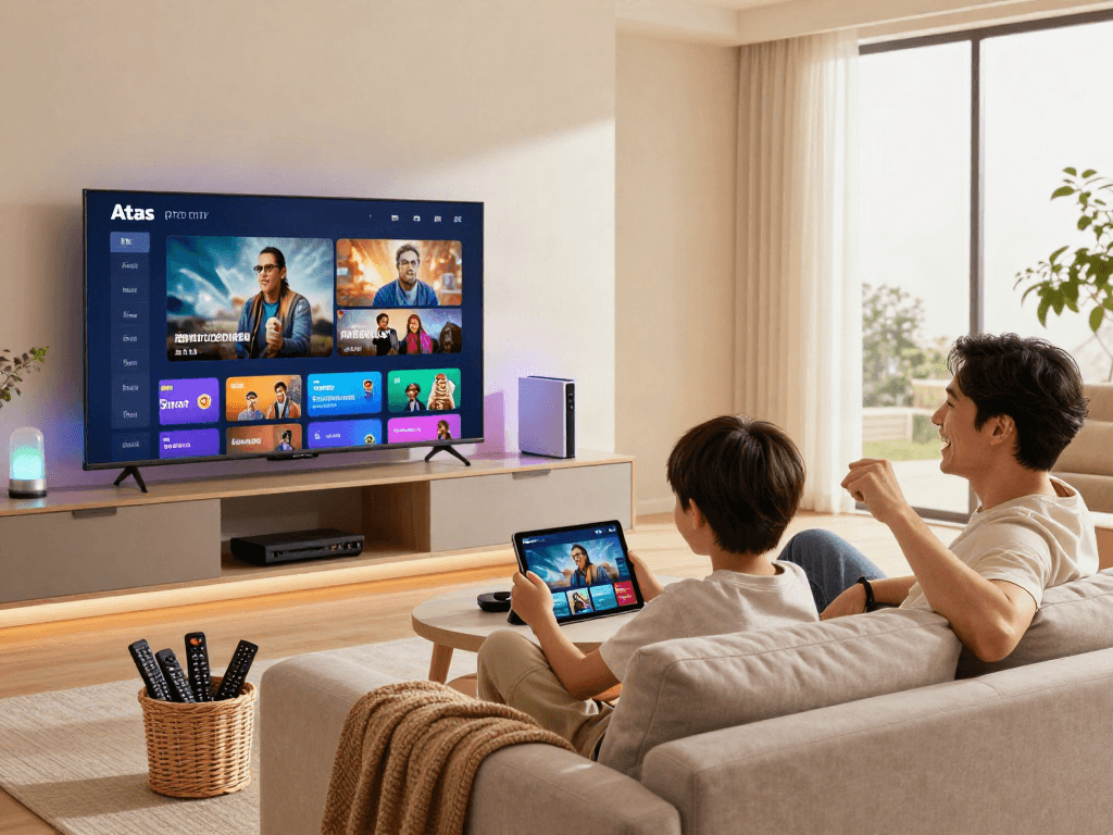La famille profitant de l'Atlas pro ontv dans leur salon moderne, créant une ambiance conviviale.