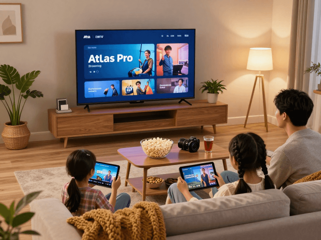 La famille profitant du service Atlas Pro en regardant la télévision dans un salon moderne.