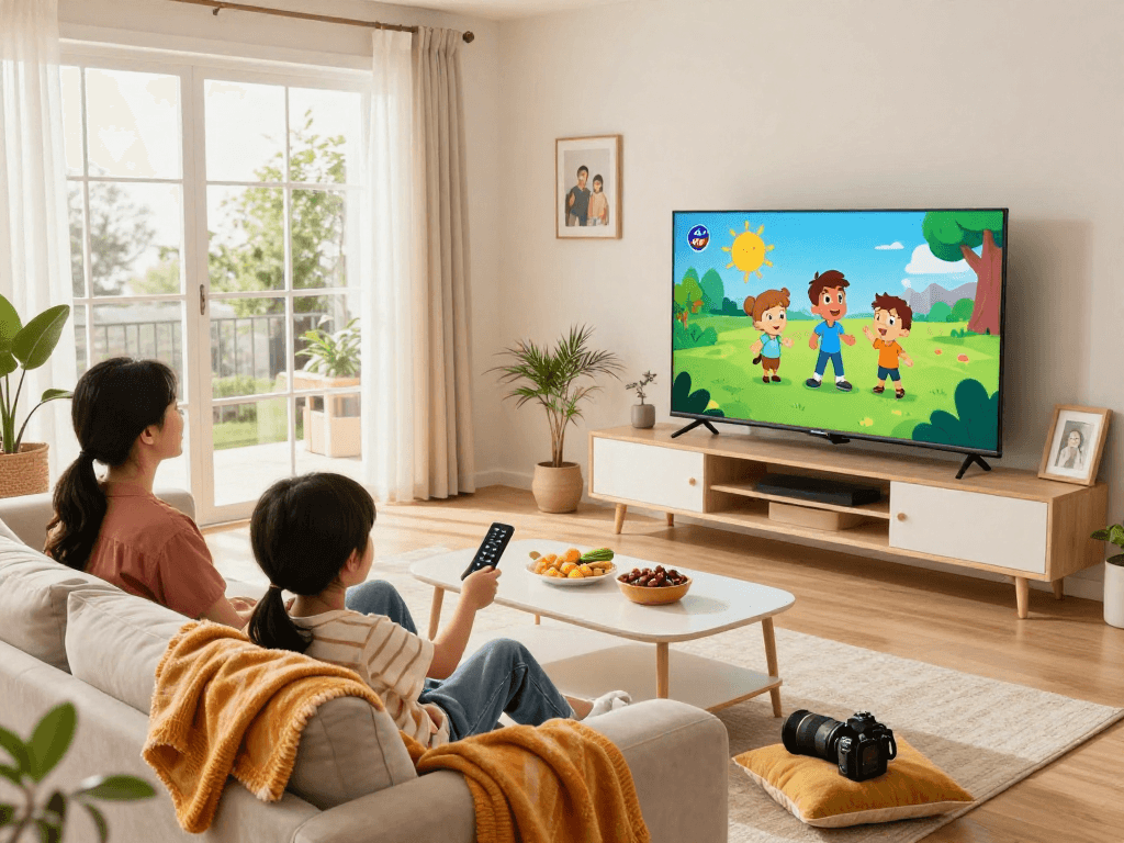 Famille utilisant Atlas Pro pour regarder des chaînes en HD/4K dans un salon moderne.